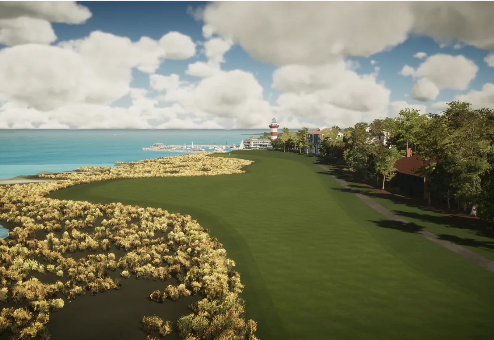 A coastal golf hole beside turquoise water and a lighthouse, representing Loft Golfing's virtual course experience.