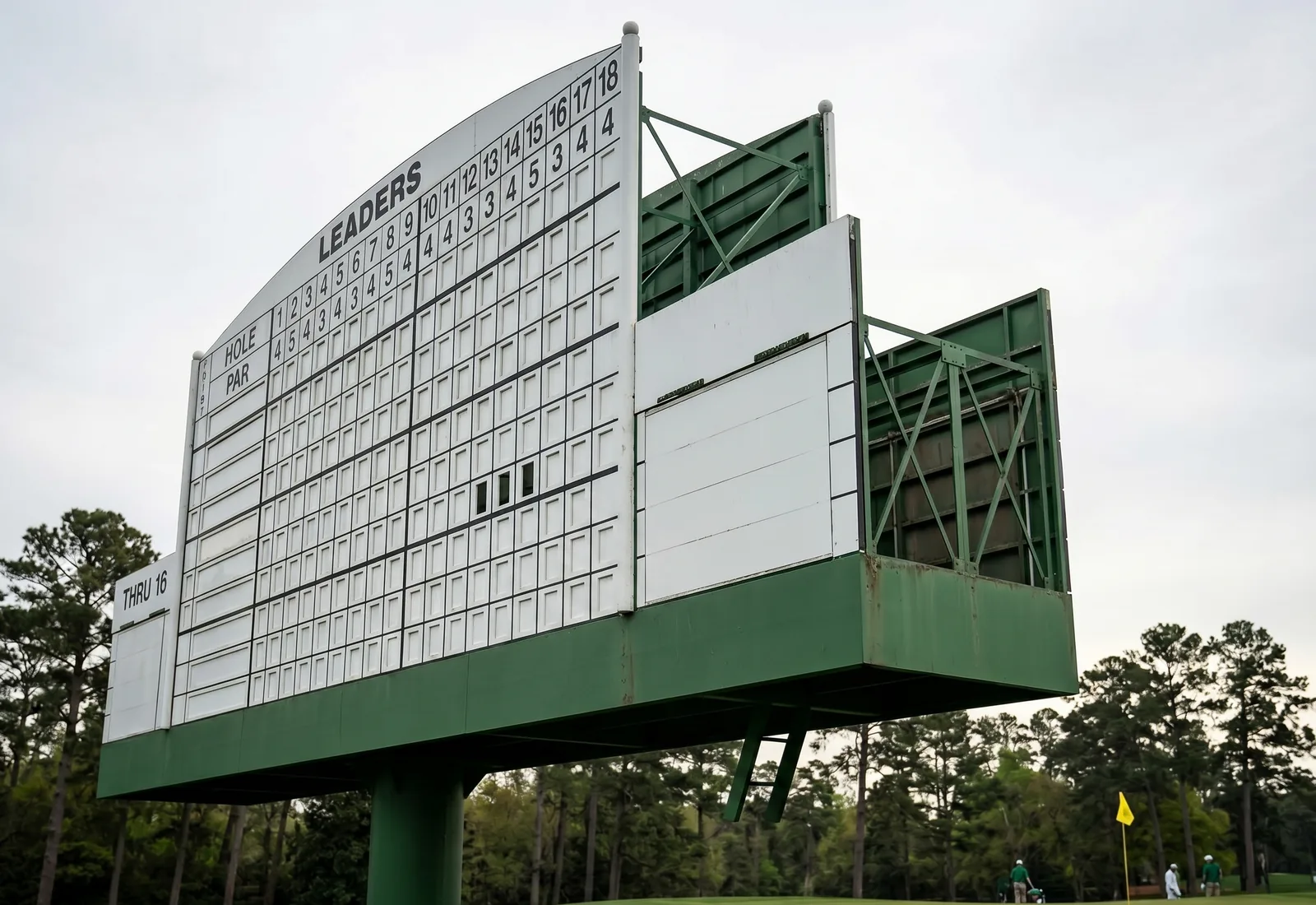 A large golf leaderboard towering over the course, representing Loft Golfing's competition atmosphere.