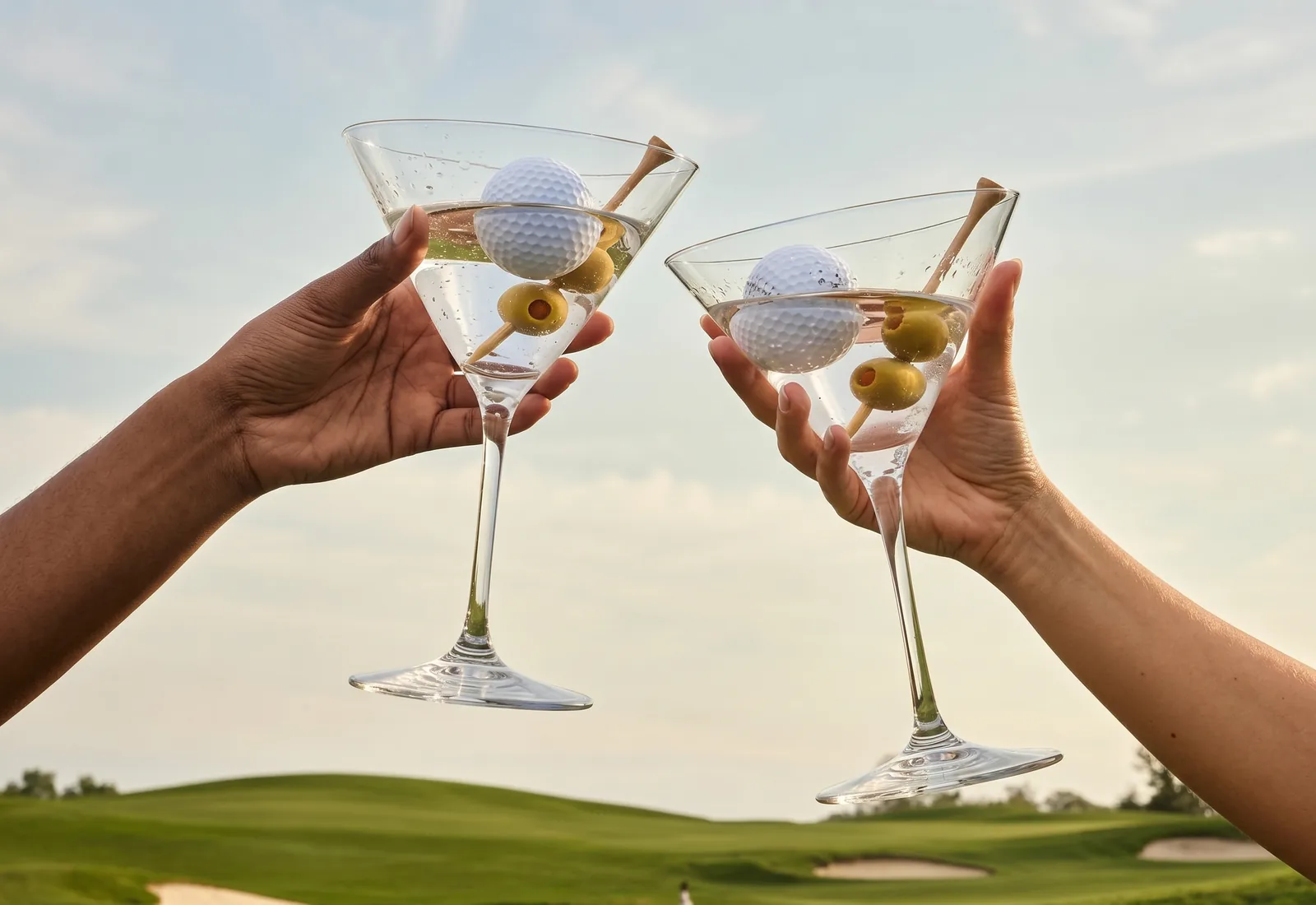 Two martini glasses styled with golf balls and olives, representing Loft Golfing's social event atmosphere.