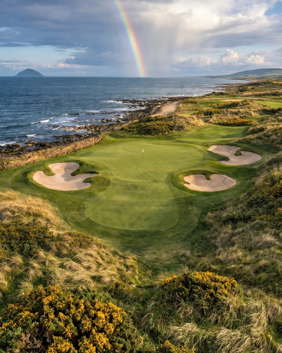 A dramatic coastal golf hole beneath a rainbow, representing Loft Golfing courses and guided play.